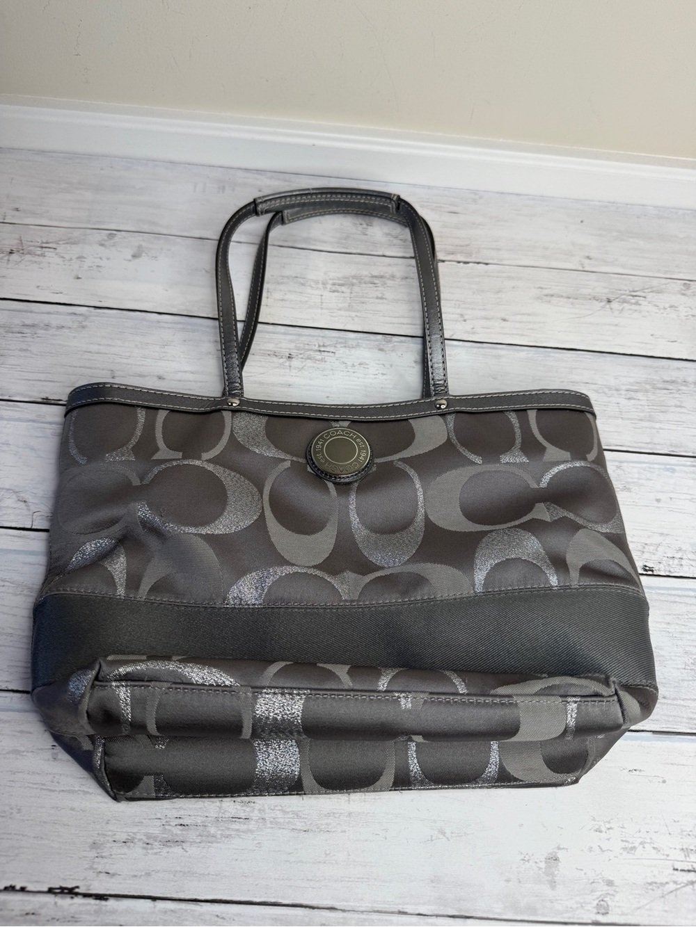 Coach Gray Signature Tote with Logo Medallion